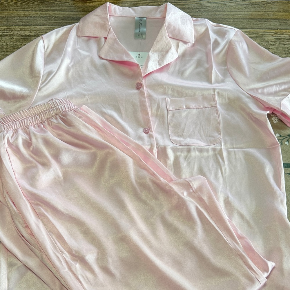 Silky Pink Women's Pajama Set - Relaxed Button-Up Top & Elastic Waist Pants